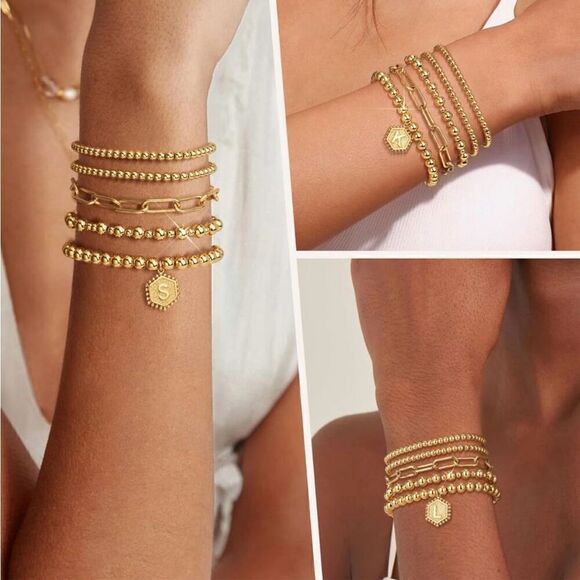 14K Gold Plated Bracelets Womens Casual Beaded Stretch Bead Ball Adjustable Set - Picture 2 of 5